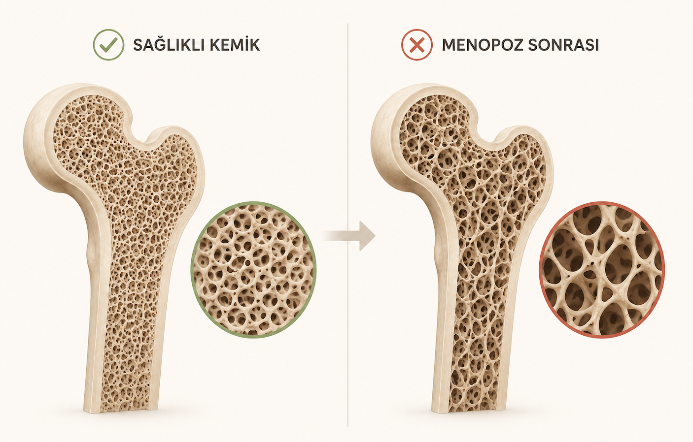 Sağlıklı kemik ve menopoz sonrası kemik yapısı karşılaştırması görseli